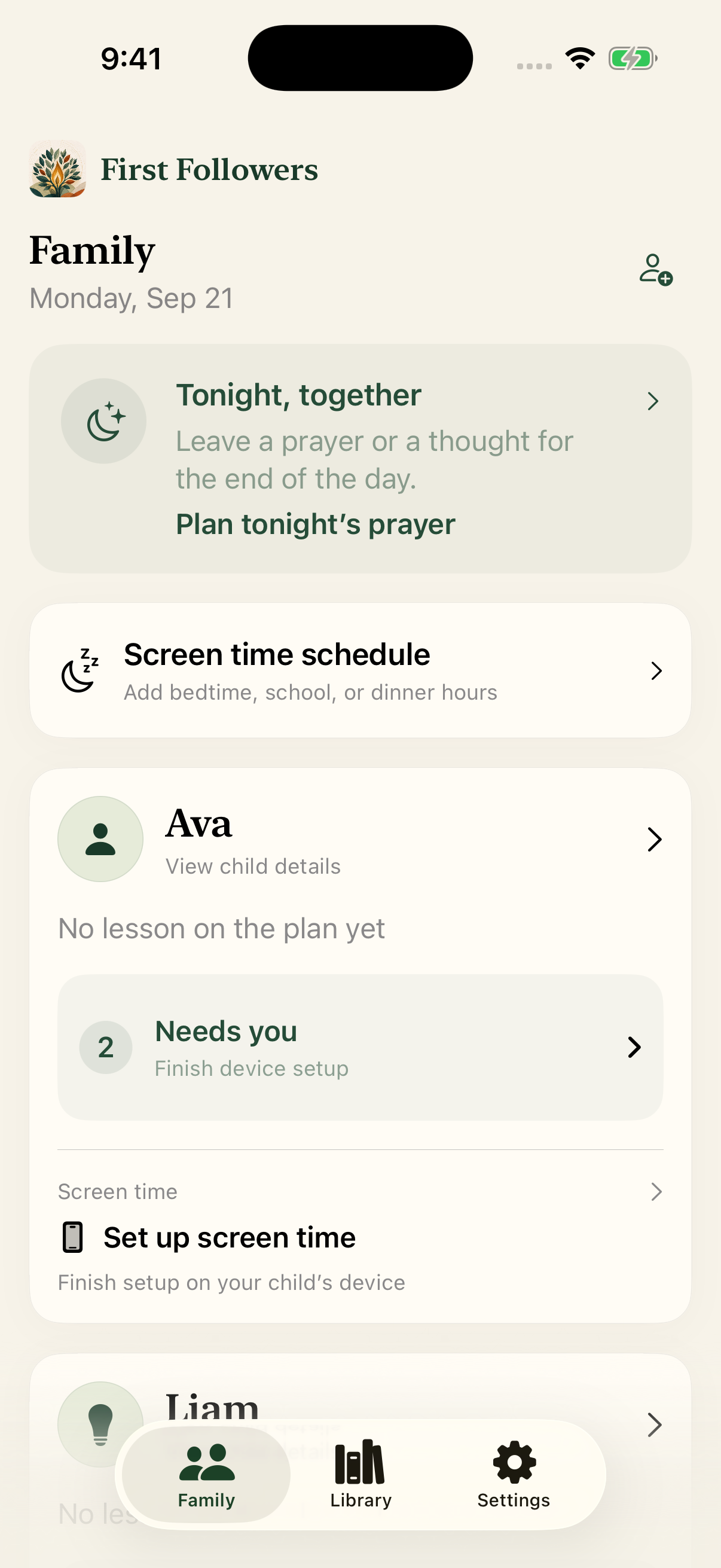 Current parent Family screen with sample children, prayer planning, and screen-time setup