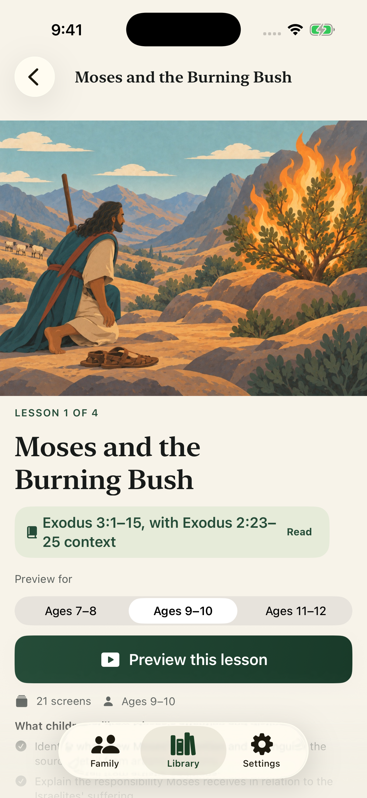Current iPhone lesson overview for Moses and the Burning Bush
