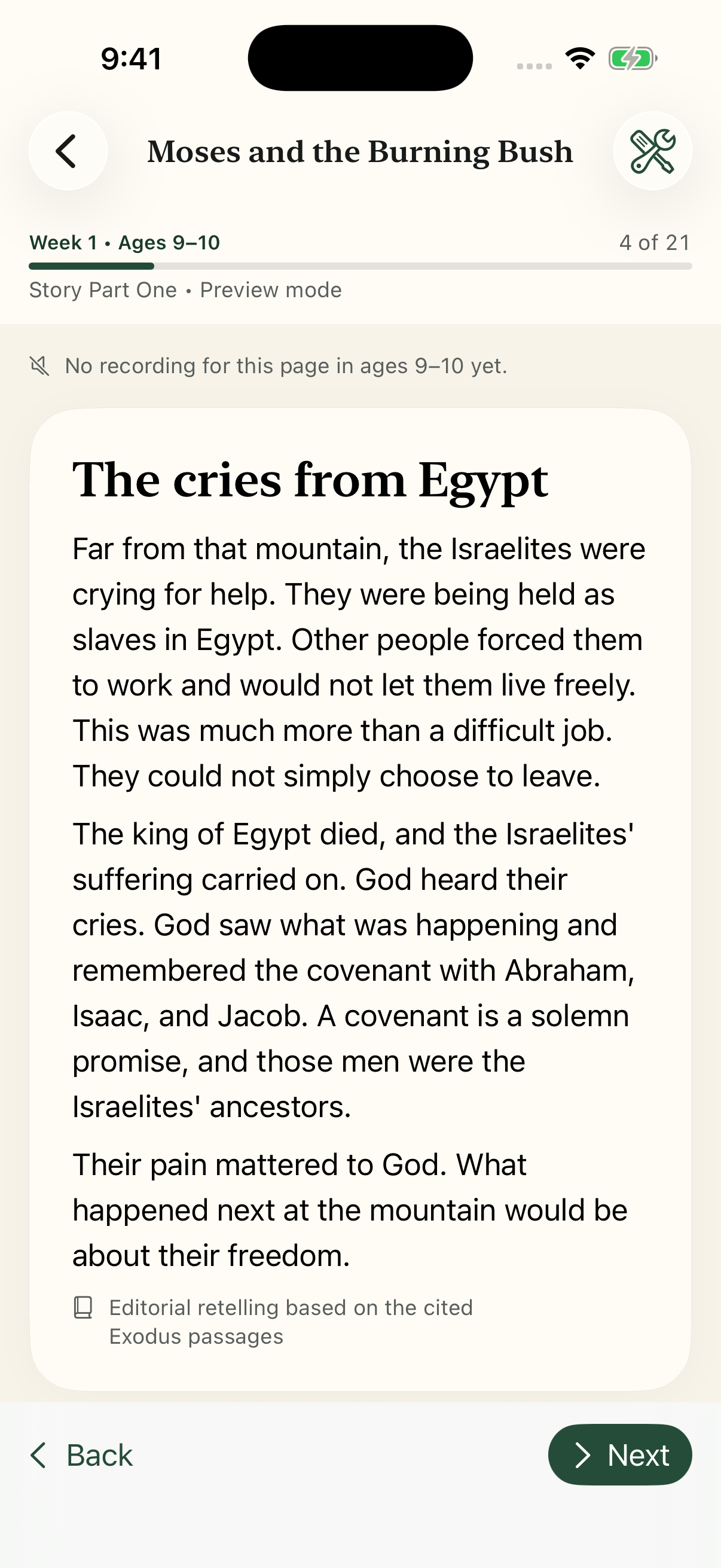 Current lesson reader showing The cries from Egypt in preview mode for ages 9–10