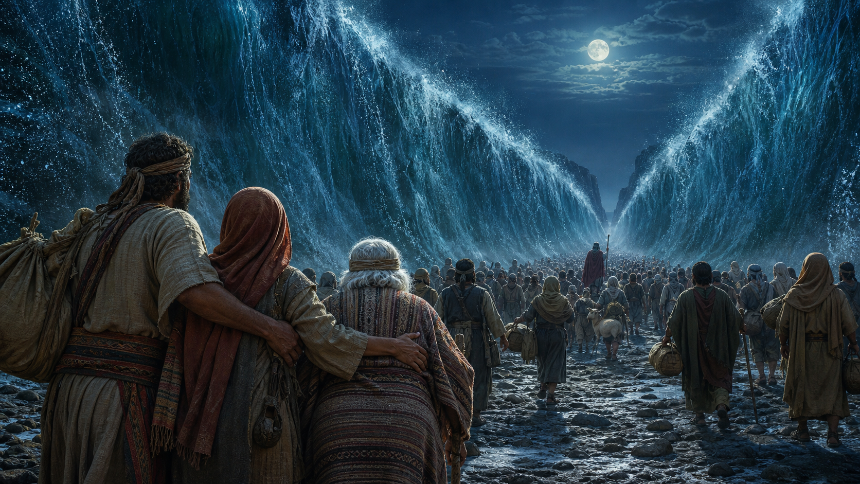 An ancient Israelite community moving together along a path through divided water